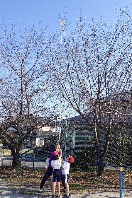 側高ポールで樹高を測る３年生