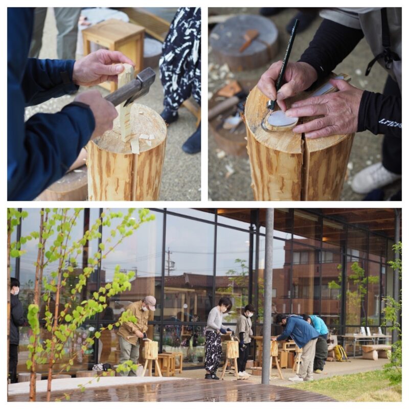 木遊館のテラスにて丸太からスプーンを削り出す参加者たち