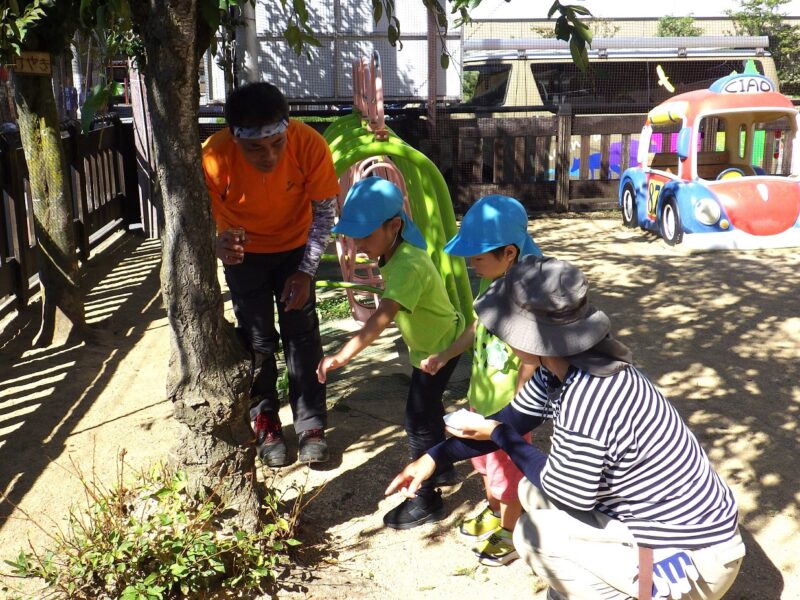 伐採のための「清め塩」をする園児たち