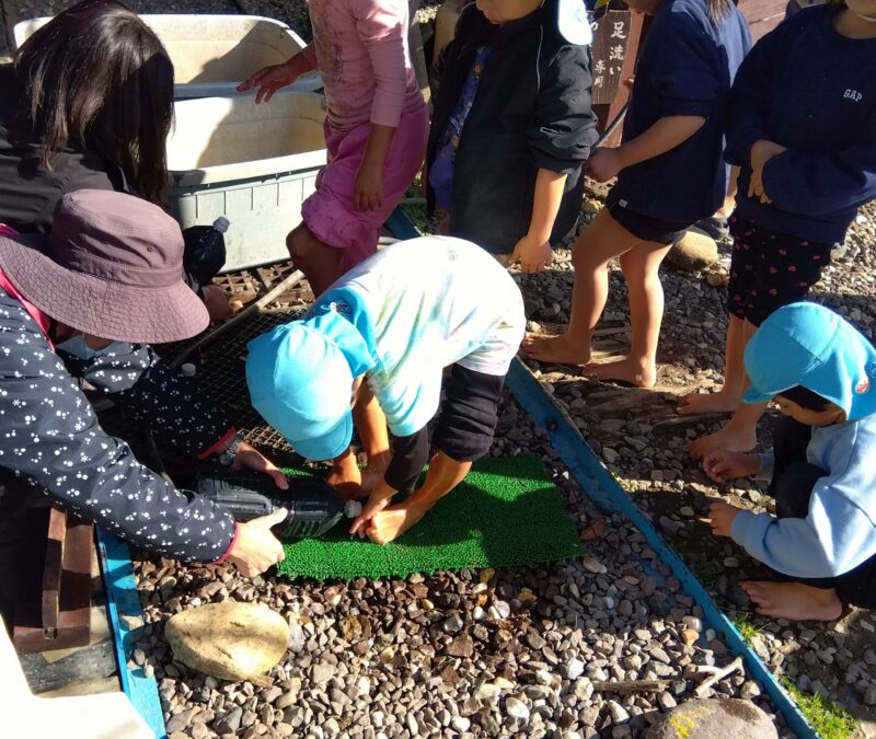 ペットボトルで温めた水で足を洗う園児のみなさん