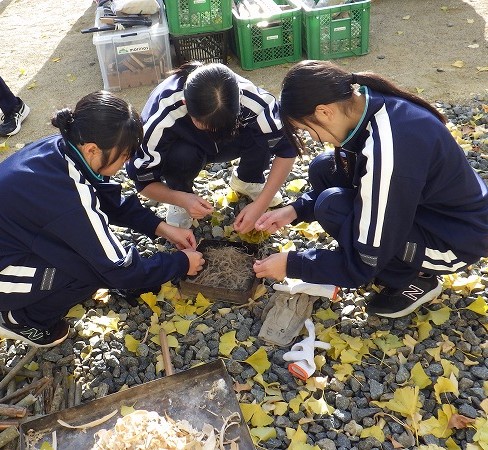 火種を包むために麻縄を解す生徒さん