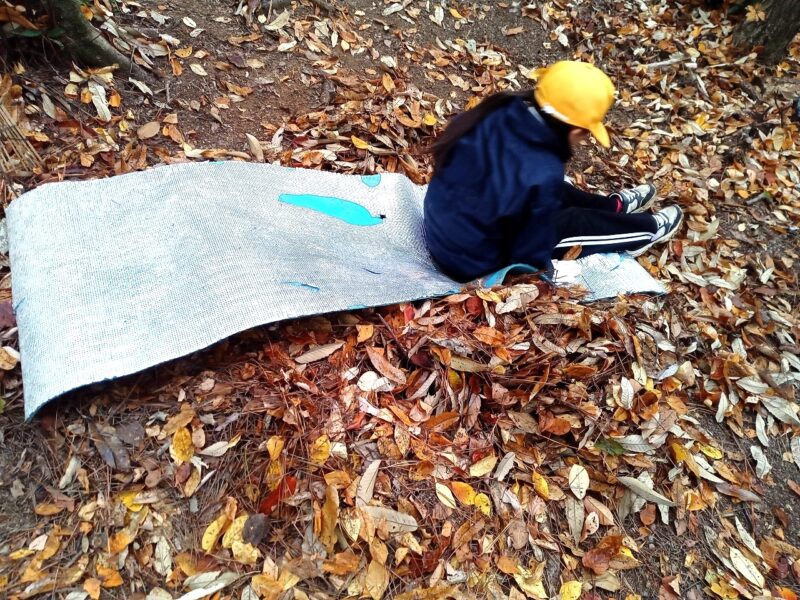 座って落ち葉の感触を味わう