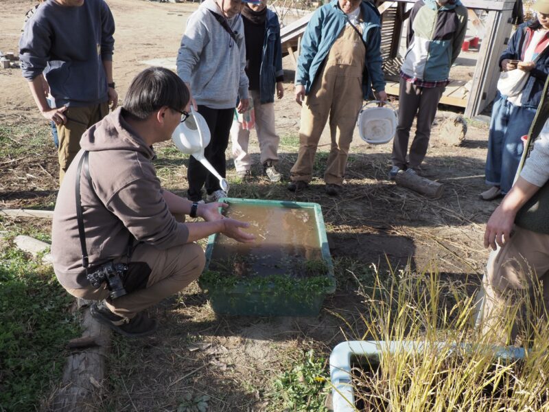 完成したビオトープを囲む