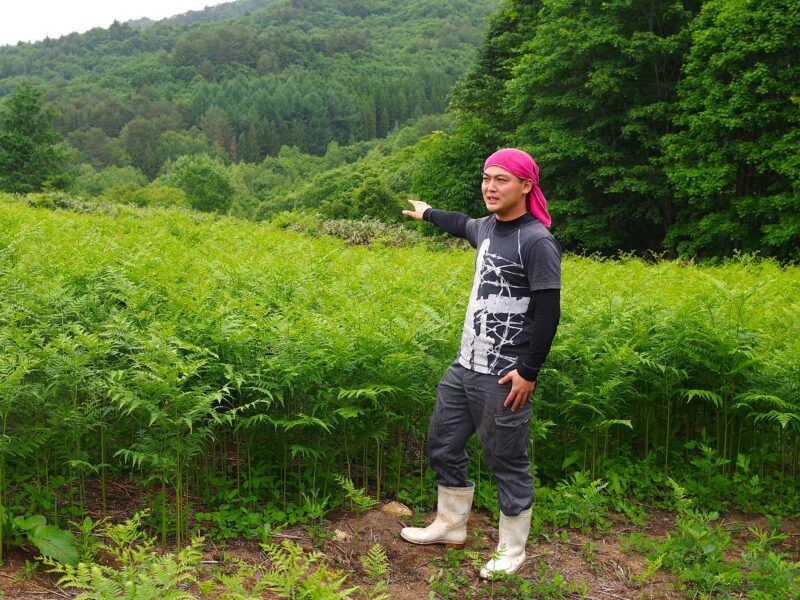 ワラビ畑を前に語る前原さん