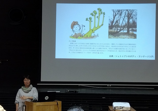 斜立木について説明する三戸さん